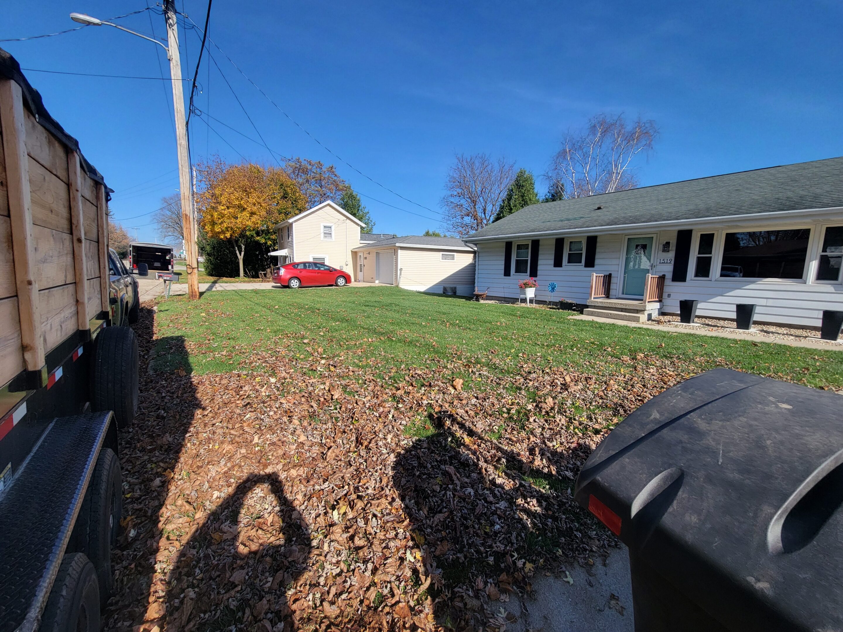 A suburban yard with green grass and fallen leaves under a clear blue sky.