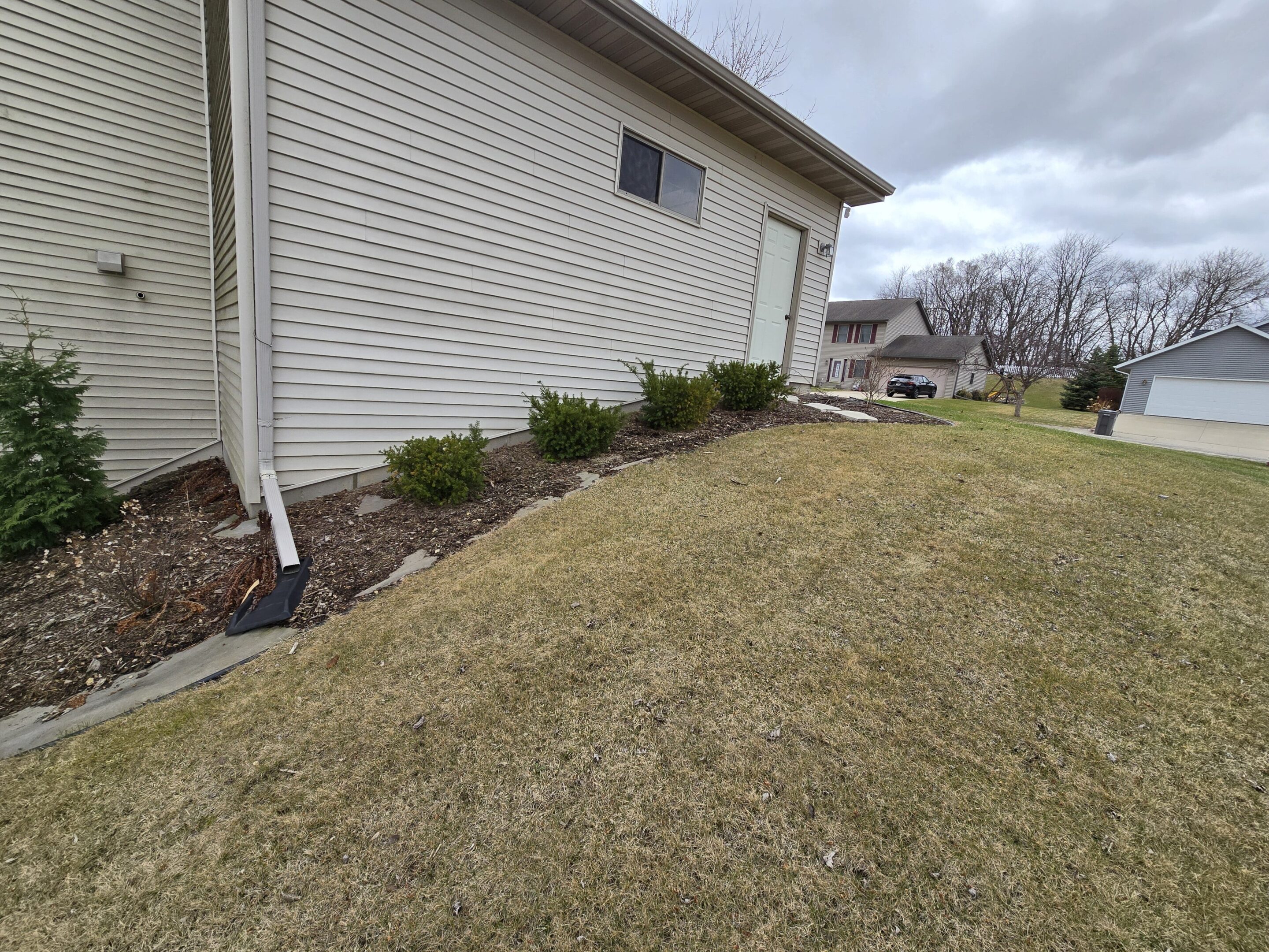 A house side with neatly trimmed bushes and a brown lawn.