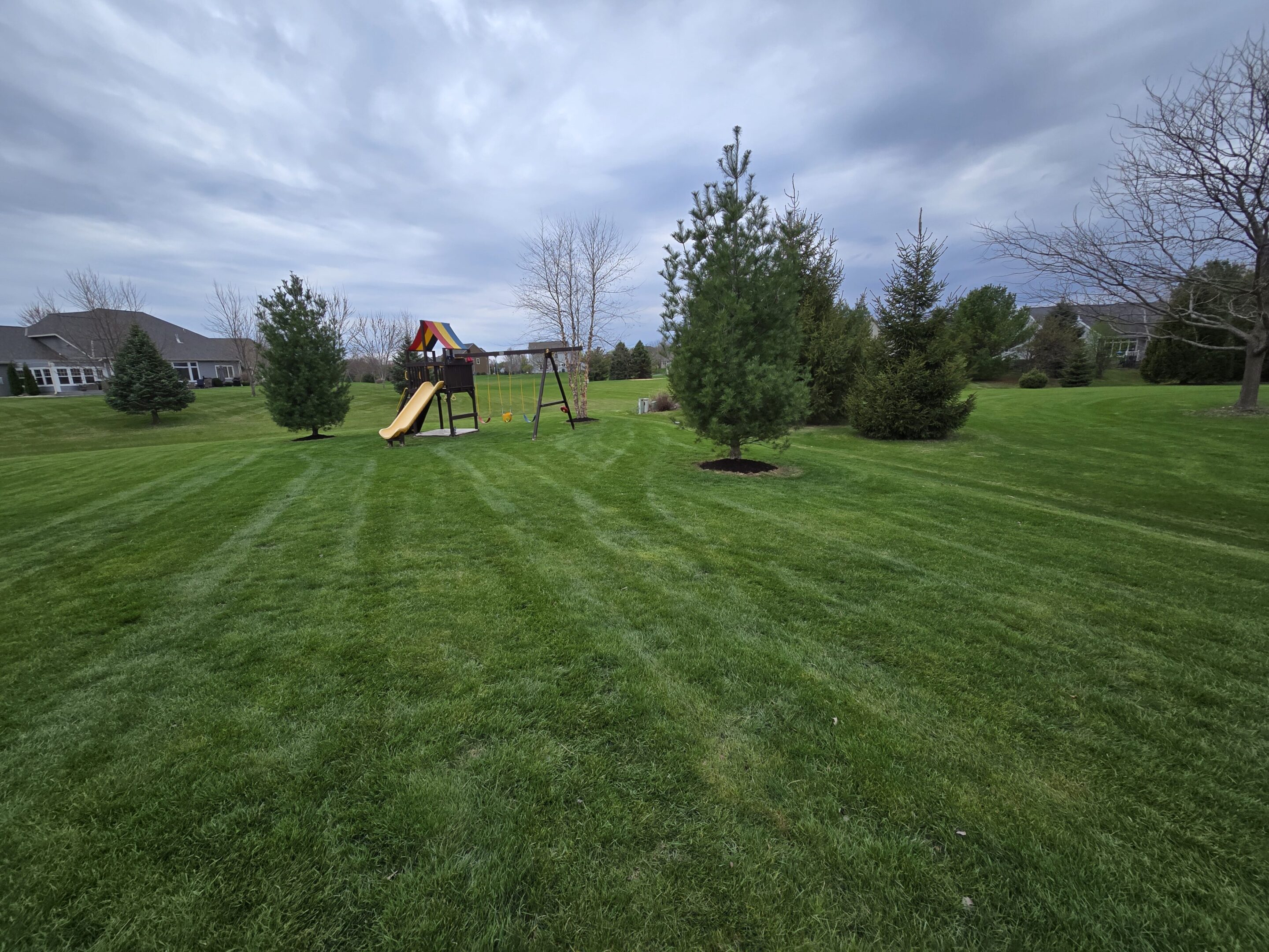 A green lawn with a children's slide and scattered trees under a cloudy sky.