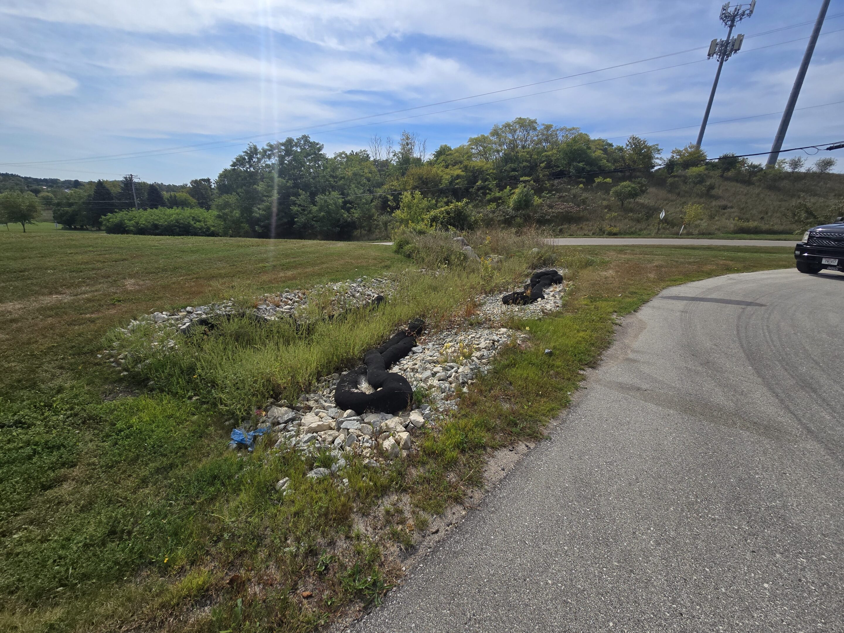 A rural road curves beside grassy fields and scattered trees under a cloudy sky.