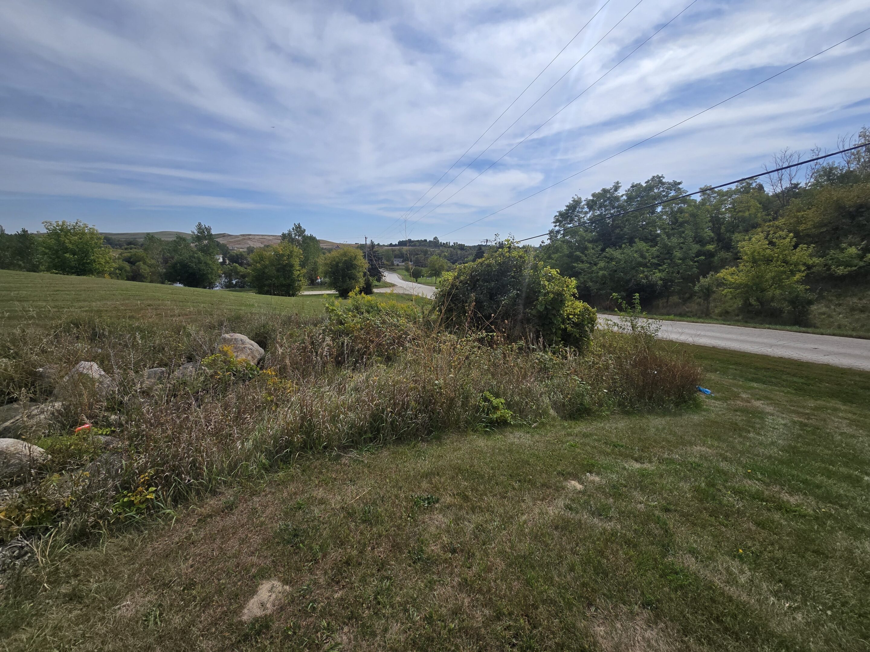 A scenic view of a grassy field with trees and a road under a partly cloudy sky.