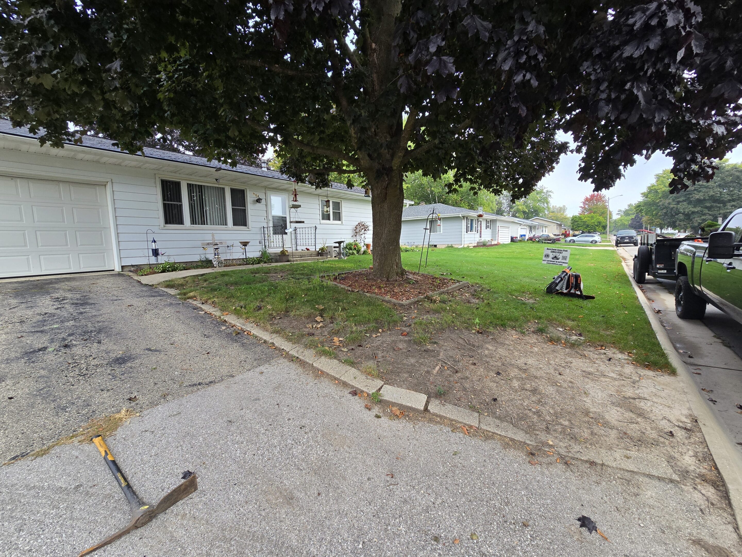 A suburban backyard with a large tree and a paved walkway.