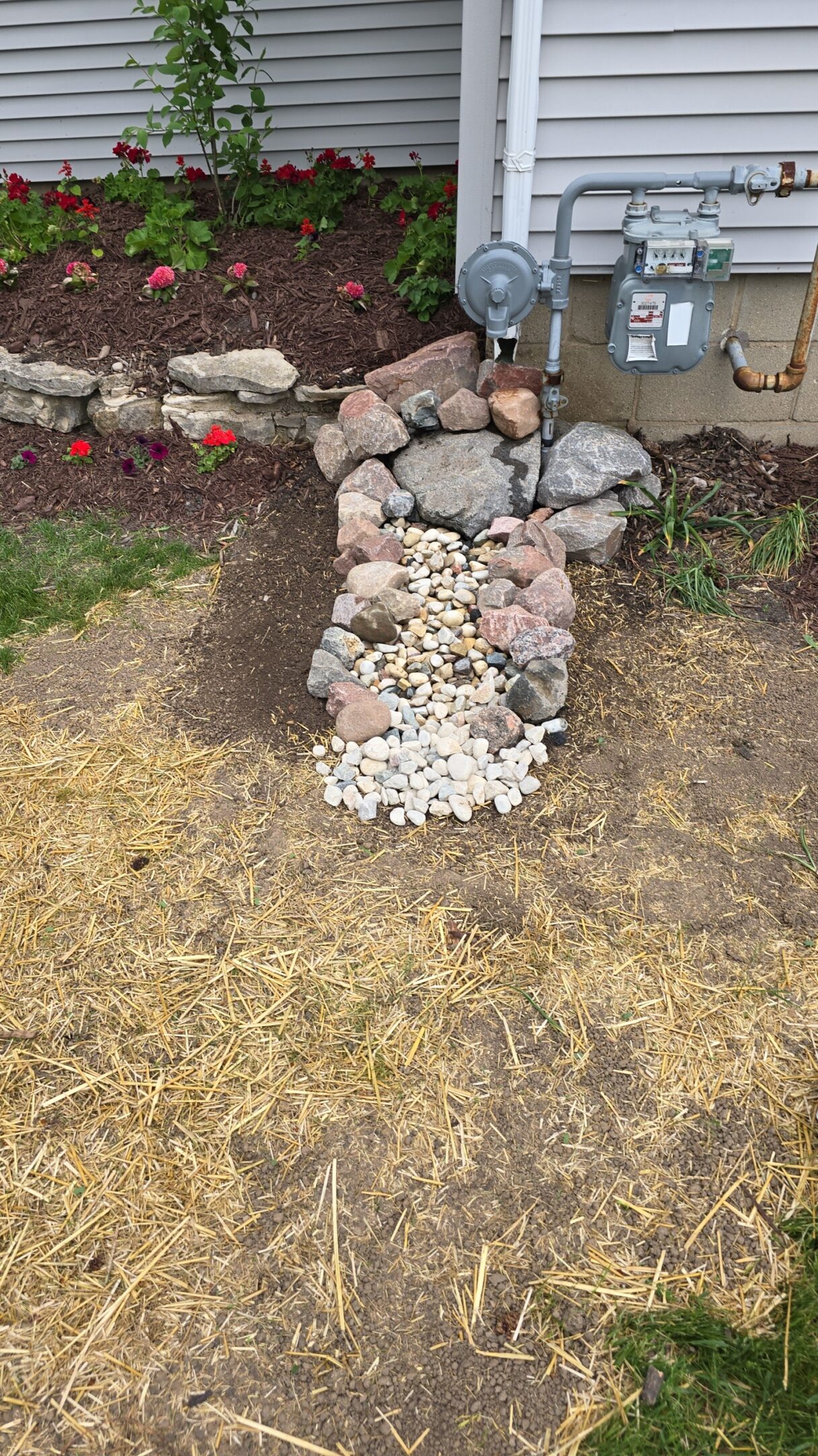 A rock and shell arrangement forming a rectangular patch on dry grass.